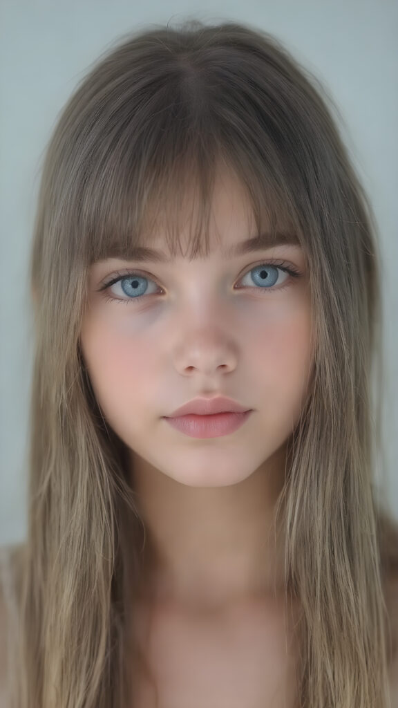 a (((beautiful young girl looks like a doll))), with ((extremely long, straight, thick, untucked soft brown hair, bangs)), and ((big, expressive, bright, natural light blue eyes)), that convey a sense of youthful allure. Her ((skin is flawless)). She's ((busty)), with ((big, round, full, slightly parted lips that add to her enchanting smile)). Her ((almond skin)) adds to her ((natural beauty)), with ((long, sheer, thin, tight tank top)), light grey studio backdrop