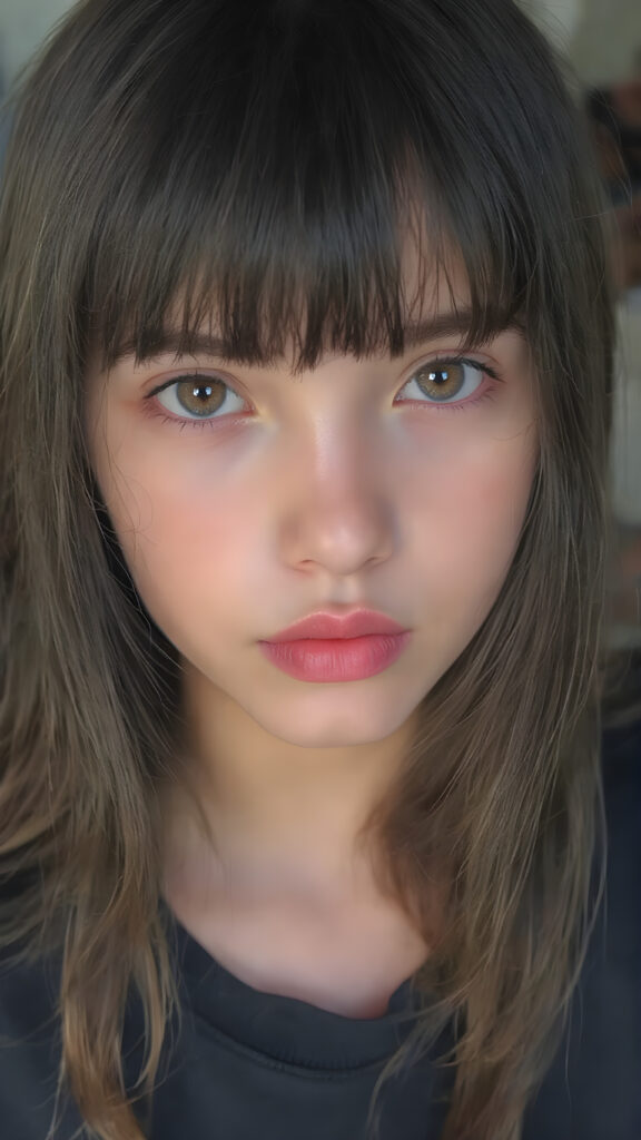 a beautiful (((young innocent girl))), with straight, (((long, black hair))), that softly curls into (vividly colored) bangs, framing a round face she's got big, bright, playful eyes that are captivating and inviting. Her lips are full and painted in (deep red) lipstick, complemented by (shades of pink) eyeshadow that accentuate her cheeks and add a pop of color to her overall look. Her skin is (pale white) , she's got beautiful, (brightly coloured) cheeks and (glowing) lips that add a pop of colour to her overall look. She wears a black oversized t-shirt