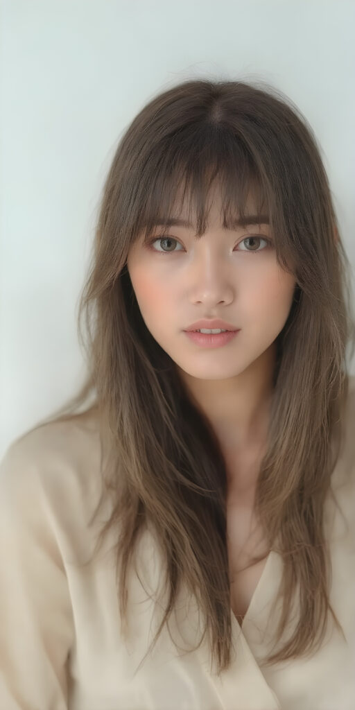 a (((wonderful, detailed hand drawing))) show (((beautiful, thoughtful and expressive cute adult Asian girl))), with (((softly curved long brown straight hair, bangs))), natural (looking) light green eyes, and (delicate yet defined cheekbones), poised in a (seductively thoughtful pose) with a ((flawlessly matching set of pearly white teeth)) and elegantly draped ((natural looking)) light sheer draped garments, ((completely covering her front and back, and perfectly shaped to convey a sense of natural beauty)), against a (natural looking, detailed white backdrop), head is centered