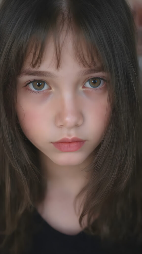 a beautiful (((young innocent girl))), with straight, (((long, black hair))), that softly curls into (vividly colored) bangs, framing a round face she's got big, bright, playful eyes that are captivating and inviting. Her lips are full and painted in (deep red) lipstick, complemented by (shades of pink) eyeshadow that accentuate her cheeks and add a pop of color to her overall look. Her skin is (pale white) , she's got beautiful, (brightly coloured) cheeks and (glowing) lips that add a pop of colour to her overall look. She wears a black oversized t-shirt