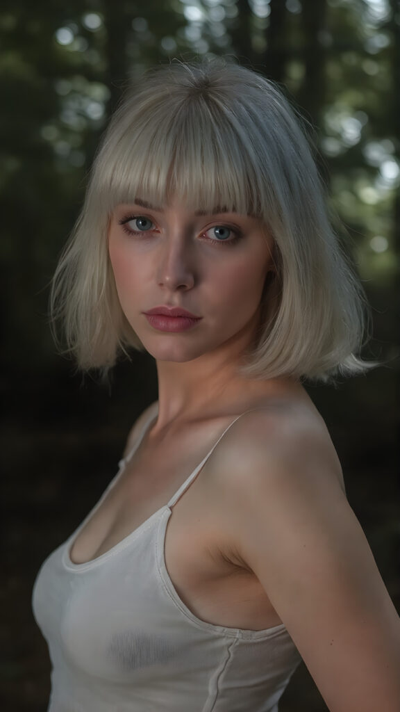 a (((beautiful girl))) in a ((forest at night)), with ((pale skin)) and ((brightly colored eyes)), white soft straight hair bob and bangs cut, dressed in a short white (((spaghetti top))), which gently billows around her form, accentuating her perfect curved figure and softly illuminated by the glow of (natural forest light)
