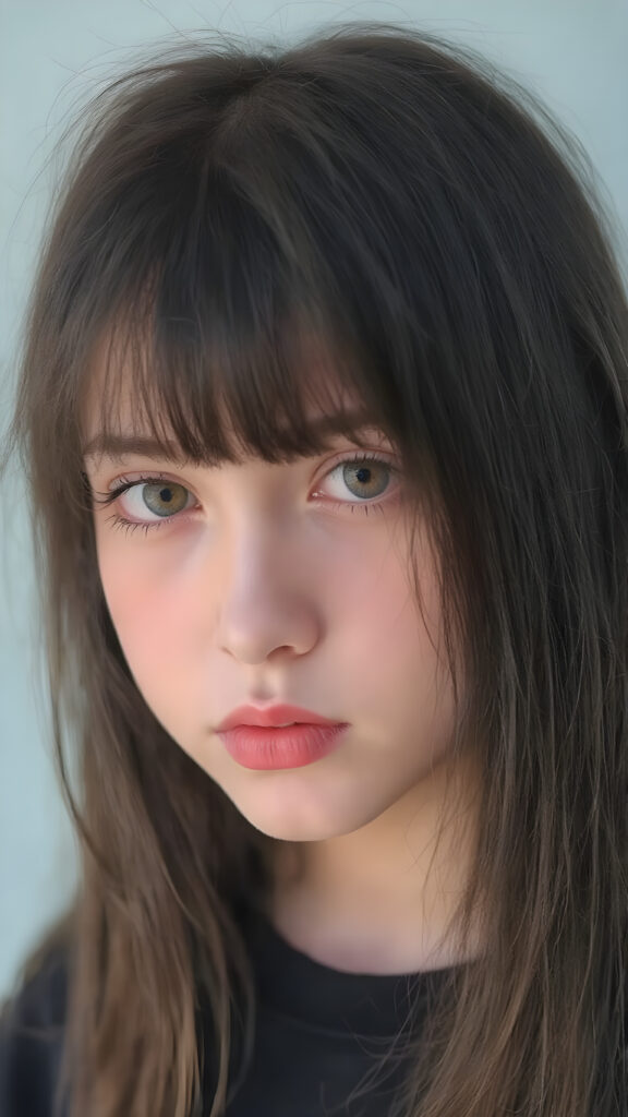 a beautiful (((young innocent girl))), with straight, (((long, black hair))), that softly curls into (vividly colored) bangs, framing a round face she's got big, bright, playful eyes that are captivating and inviting. Her lips are full and painted in (deep red) lipstick, complemented by (shades of pink) eyeshadow that accentuate her cheeks and add a pop of color to her overall look. Her skin is (pale white) , she's got beautiful, (brightly coloured) cheeks and (glowing) lips that add a pop of colour to her overall look. She wears a black oversized t-shirt