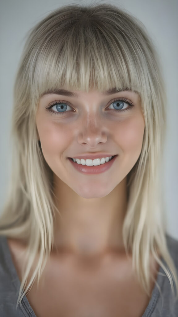 a (((beautiful girl looks like a cute doll))), she smile, open mouth and white teeth, with ((long, straight white hair, bangs)), and ((big, expressive, bright, natural light blue eyes)), that convey a sense of youthful allure. Her ((skin is flawless)). She's ((busty)), with ((big, round, full, slightly parted lips that add to her enchanting smile)). Her ((almond skin)) adds to her ((natural beauty)), with ((mini low-cut v-neck tank top, perfect and cute detailed belly button)), light grey studio backdrop, ( Hyper-detailed Warm tones Dramatic lighting Cinematic )