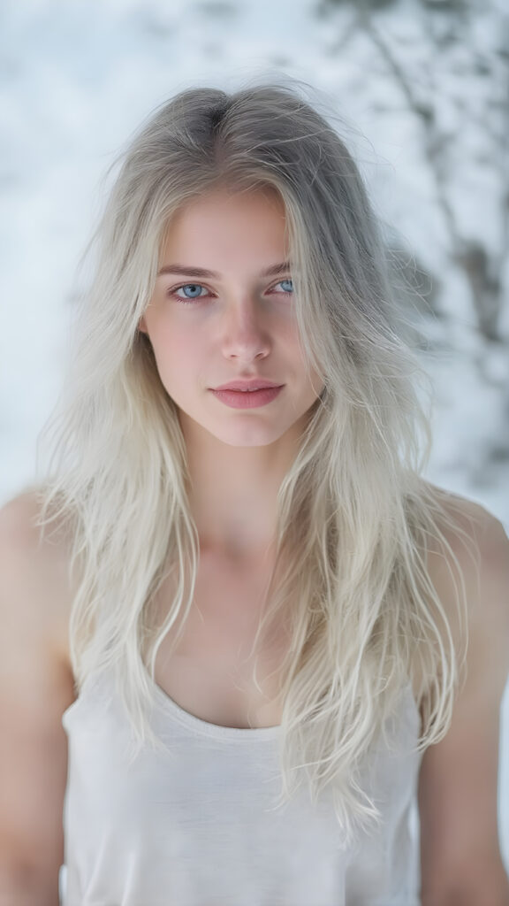 a (((beautiful girl with long, flowing white soft hair))), dressed in a ((comfortable tank top)) that complements her pale skin, giving off a cozy vibe. The shirt has a soft, slightly transparent quality, making it seem almost ethereal. She's posed in the snow, creating a sense of warmth and tranquility. Her hair is white. Full body view.
