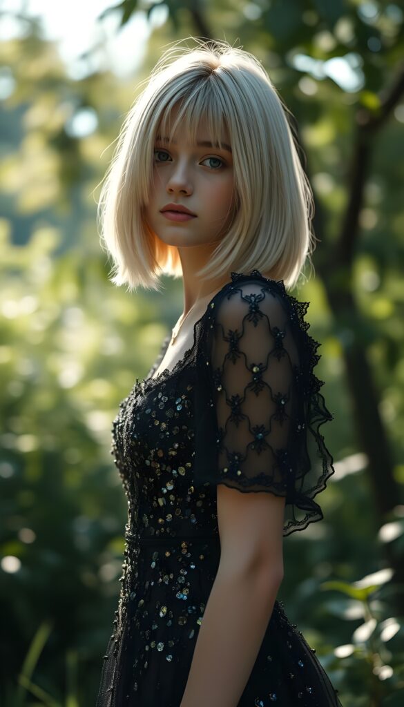 a (((beautiful teen girl))) dressed in a (((black crystal dress))), with soft full open straight blonde hair, bob cut, paired with delicate, against a backdrop in a green sunny forest.
