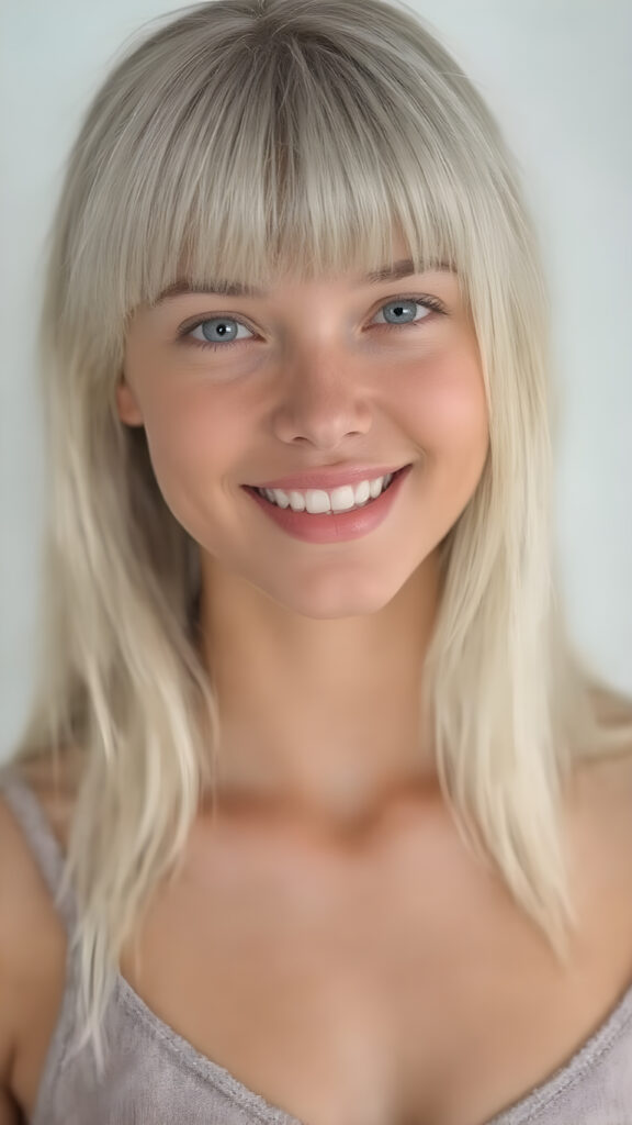 a (((beautiful girl looks like a cute doll))), she smile, open mouth and white teeth, with ((long, straight white hair, bangs)), and ((big, expressive, bright, natural light blue eyes)), that convey a sense of youthful allure. Her ((skin is flawless)). She's ((busty)), with ((big, round, full, slightly parted lips that add to her enchanting smile)). Her ((almond skin)) adds to her ((natural beauty)), with ((mini low-cut v-neck tank top, perfect and cute detailed belly button)), light grey studio backdrop, ( Hyper-detailed Warm tones Dramatic lighting Cinematic )