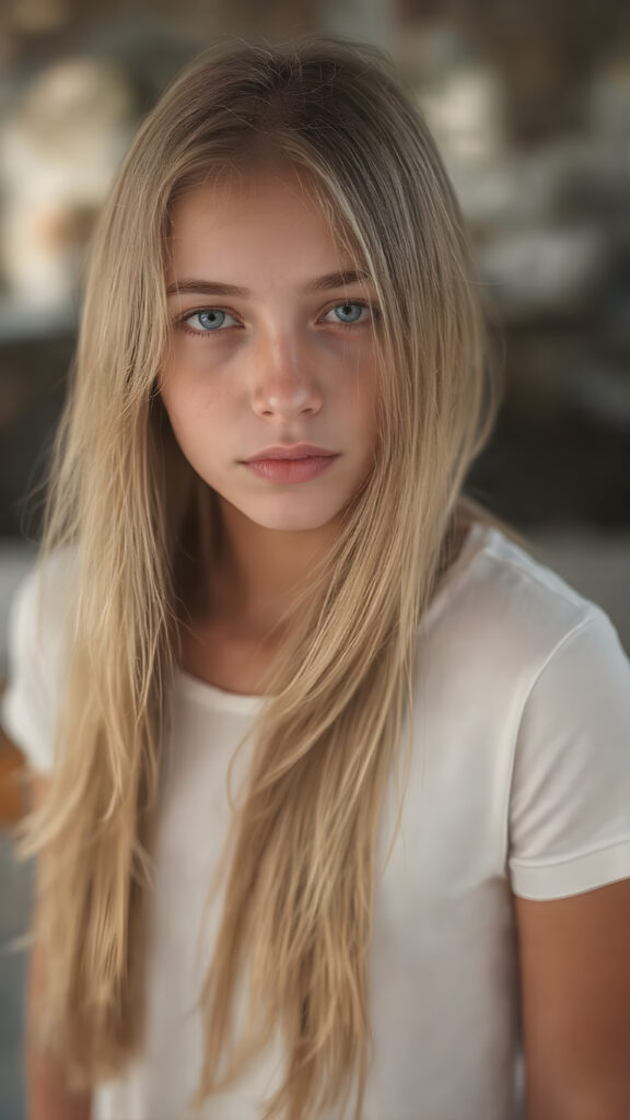 a beautiful girl, with (long, straight, thick, untucked natural white golden blonde hair) (with visible natural freckles on her face) (full body view, with a slightly turned head, looking up into the camera) She wears a natural white (thigh-length) t-shirt, (that perfectly complements her youthful figure) (no wrinkling or creasing of the fabric) The lighting is soft and warm, highlighting her natural beauty and the intricate details of her dress. There is a hint of mischief on her face, reflecting the playful essence of a teenager. The overall mood of the image is one of natural beauty and youthful confidence