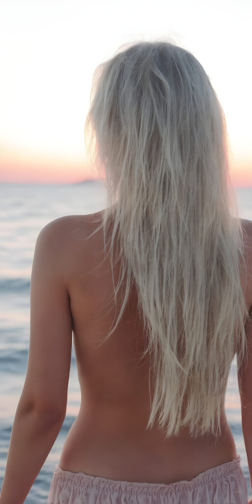 a beautiful girl with a perfect female body, her straight soft white hair falling dawn to her back, she watches a sunset by the sea