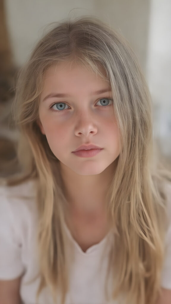 a beautiful girl, with (long, straight, thick, untucked natural white golden blonde hair) (with visible natural freckles on her face) (full body view, with a slightly turned head, looking up into the camera) She wears a natural white (thigh-length) t-shirt, (that perfectly complements her youthful figure) (no wrinkling or creasing of the fabric) The lighting is soft and warm, highlighting her natural beauty and the intricate details of her dress. There is a hint of mischief on her face, reflecting the playful essence of a teenager. The overall mood of the image is one of natural beauty and youthful confidence