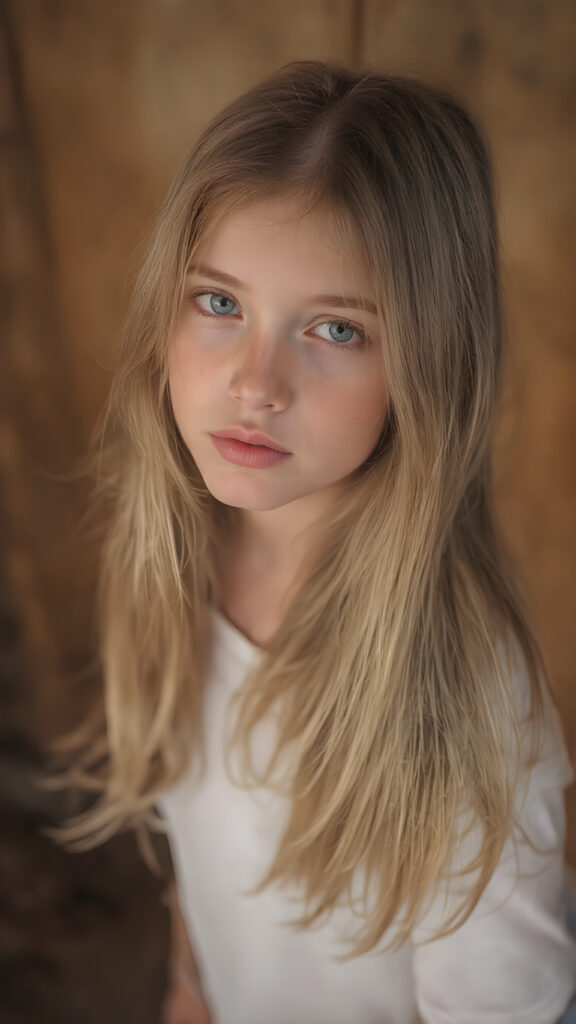 a beautiful girl, with (long, straight, thick, untucked natural white golden blonde hair) (with visible natural freckles on her face) (full body view, with a slightly turned head, looking up into the camera) She wears a natural white (thigh-length) t-shirt, (that perfectly complements her youthful figure) (no wrinkling or creasing of the fabric) The lighting is soft and warm, highlighting her natural beauty and the intricate details of her dress. There is a hint of mischief on her face, reflecting the playful essence of a teenager. The overall mood of the image is one of natural beauty and youthful confidence