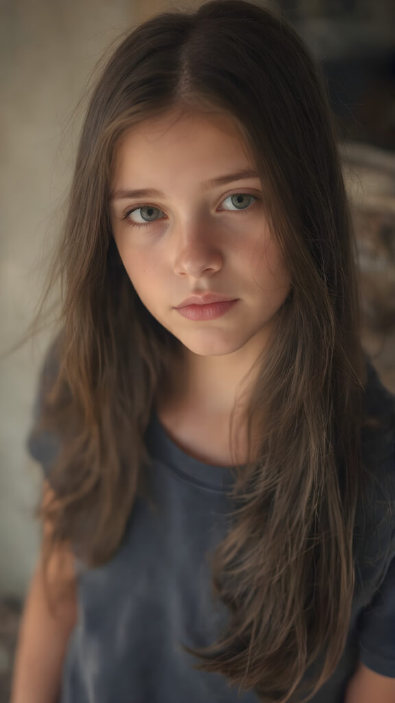 a beautiful girl, with (long, straight, thick, jet natural black soft hair) (with visible natural freckles on her face) (full body view, with a slightly turned head, looking up into the camera) She wears a natural indigo (thigh-length) t-shirt, (that perfectly complements her youthful figure), the lighting is soft and warm, highlighting her natural beauty and the intricate details of her dress. There is a hint of mischief on her face, reflecting the playful essence of a teenager. The overall mood of the image is one of natural beauty and youthful confidence