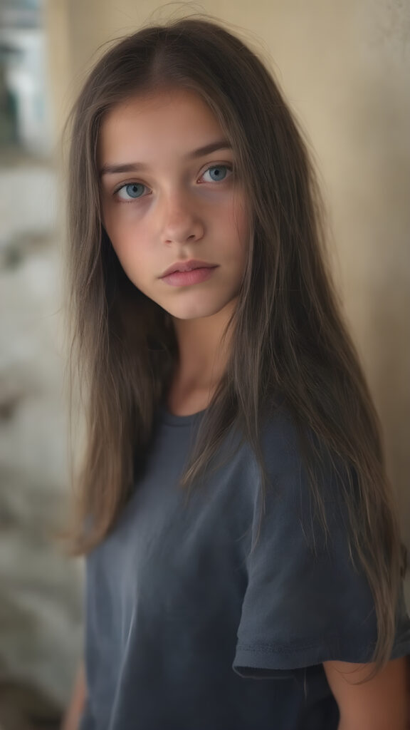 a beautiful girl, with (long, straight, thick, jet natural black soft hair) (with visible natural freckles on her face) (full body view, with a slightly turned head, looking up into the camera) She wears a natural indigo (thigh-length) t-shirt, (that perfectly complements her youthful figure), the lighting is soft and warm, highlighting her natural beauty and the intricate details of her dress. There is a hint of mischief on her face, reflecting the playful essence of a teenager. The overall mood of the image is one of natural beauty and youthful confidence