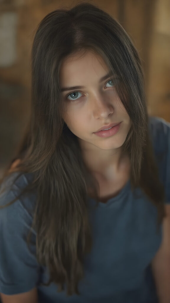 a beautiful girl, with (long, straight, thick, jet natural black soft hair) (with visible natural freckles on her face) (full body view, with a slightly turned head, looking up into the camera) She wears a natural indigo (thigh-length) t-shirt, (that perfectly complements her youthful figure), the lighting is soft and warm, highlighting her natural beauty and the intricate details of her dress. There is a hint of mischief on her face, reflecting the playful essence of a teenager. The overall mood of the image is one of natural beauty and youthful confidence