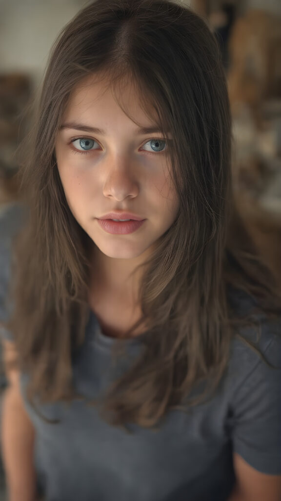 a beautiful girl, with (long, straight, thick, jet natural black soft hair) (with visible natural freckles on her face) (full body view, with a slightly turned head, looking up into the camera) She wears a natural indigo (thigh-length) t-shirt, (that perfectly complements her youthful figure), the lighting is soft and warm, highlighting her natural beauty and the intricate details of her dress. There is a hint of mischief on her face, reflecting the playful essence of a teenager. The overall mood of the image is one of natural beauty and youthful confidence