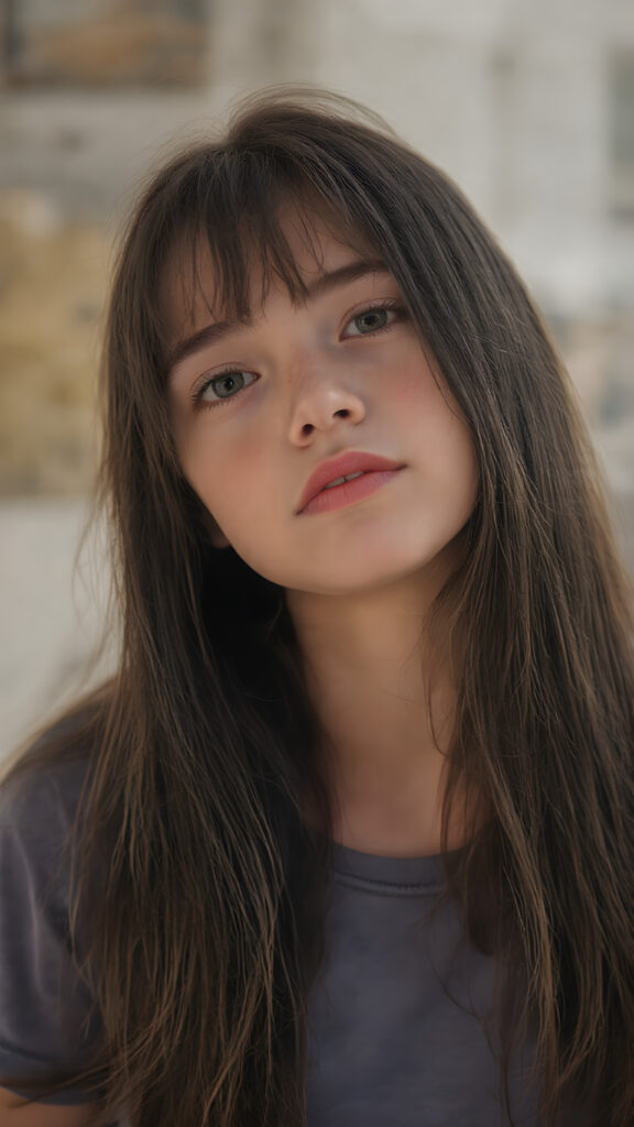 a beautiful girl, with (long, straight, thick, jet natural black soft hair) (with visible natural freckles on her face) (full body view, with a slightly turned head, looking up into the camera) She wears a natural indigo (thigh-length) t-shirt, (that perfectly complements her youthful figure), the lighting is soft and warm, highlighting her natural beauty and the intricate details of her dress. There is a hint of mischief on her face, reflecting the playful essence of a teenager. The overall mood of the image is one of natural beauty and youthful confidence