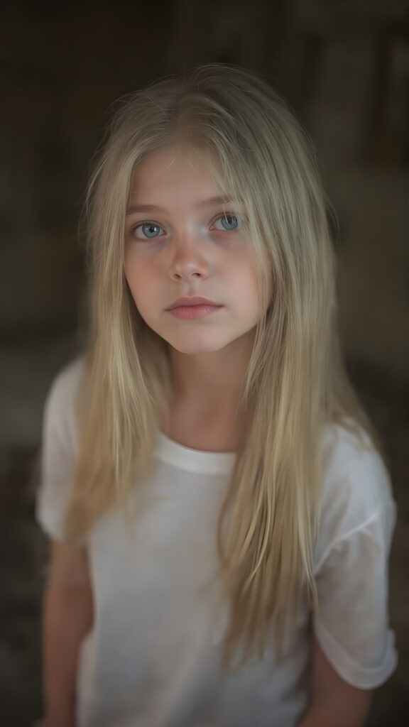 a beautiful girl, with (long, straight, thick, untucked natural white golden blonde hair) (with visible natural freckles on her face) (full body view, with a slightly turned head, looking up into the camera) She wears a natural white (thigh-length) t-shirt, (that perfectly complements her youthful figure) (no wrinkling or creasing of the fabric) The lighting is soft and warm, highlighting her natural beauty and the intricate details of her dress. There is a hint of mischief on her face, reflecting the playful essence of a teenager. The overall mood of the image is one of natural beauty and youthful confidence