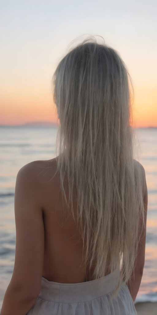 a beautiful girl with a perfect female body, her straight soft white hair falling dawn to her back, she watches a sunset by the sea