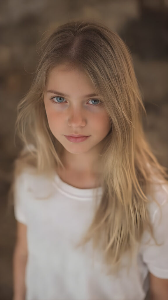 a beautiful girl, with (long, straight, thick, untucked natural white golden blonde hair) (with visible natural freckles on her face) (full body view, with a slightly turned head, looking up into the camera) She wears a natural white (thigh-length) t-shirt, (that perfectly complements her youthful figure) (no wrinkling or creasing of the fabric) The lighting is soft and warm, highlighting her natural beauty and the intricate details of her dress. There is a hint of mischief on her face, reflecting the playful essence of a teenager. The overall mood of the image is one of natural beauty and youthful confidence