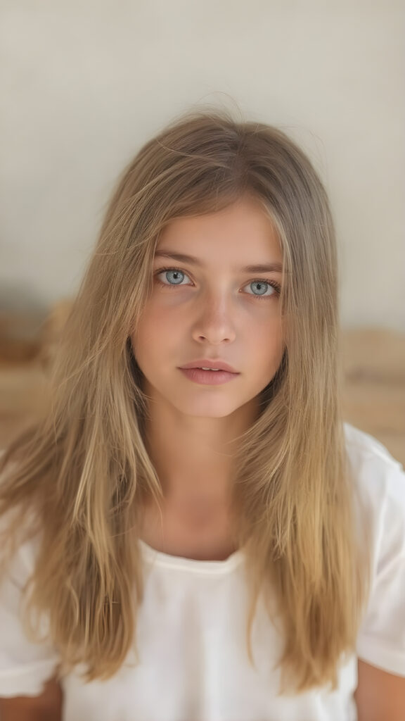a beautiful girl, with (long, straight, thick, untucked natural white golden blonde hair) (with visible natural freckles on her face) (full body view, with a slightly turned head, looking up into the camera) She wears a natural white (thigh-length) t-shirt, (that perfectly complements her youthful figure) (no wrinkling or creasing of the fabric) The lighting is soft and warm, highlighting her natural beauty and the intricate details of her dress. There is a hint of mischief on her face, reflecting the playful essence of a teenager. The overall mood of the image is one of natural beauty and youthful confidence