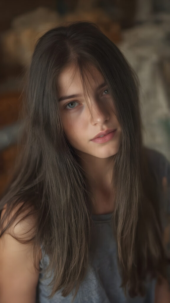 a beautiful girl, with (long, straight, thick, jet natural black soft hair) (with visible natural freckles on her face) (full body view, with a slightly turned head, looking up into the camera) She wears a natural indigo (thigh-length) t-shirt, (that perfectly complements her youthful figure), the lighting is soft and warm, highlighting her natural beauty and the intricate details of her dress. There is a hint of mischief on her face, reflecting the playful essence of a teenager. The overall mood of the image is one of natural beauty and youthful confidence