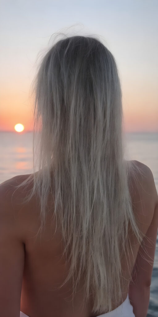 a beautiful girl with a perfect female body, her straight soft white hair falling dawn to her back, she watches a sunset by the sea