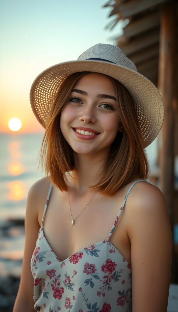 a beautiful gorgeous young teen girl, she has auburn soft straight hair in the same length, bob cut, and wears a straw hat, the sea can be seen in the background and a beautiful sunset, she smiles, ((detailed, realistic portrait)), floral spaghetti cropped tank top. Slightly view from the side.