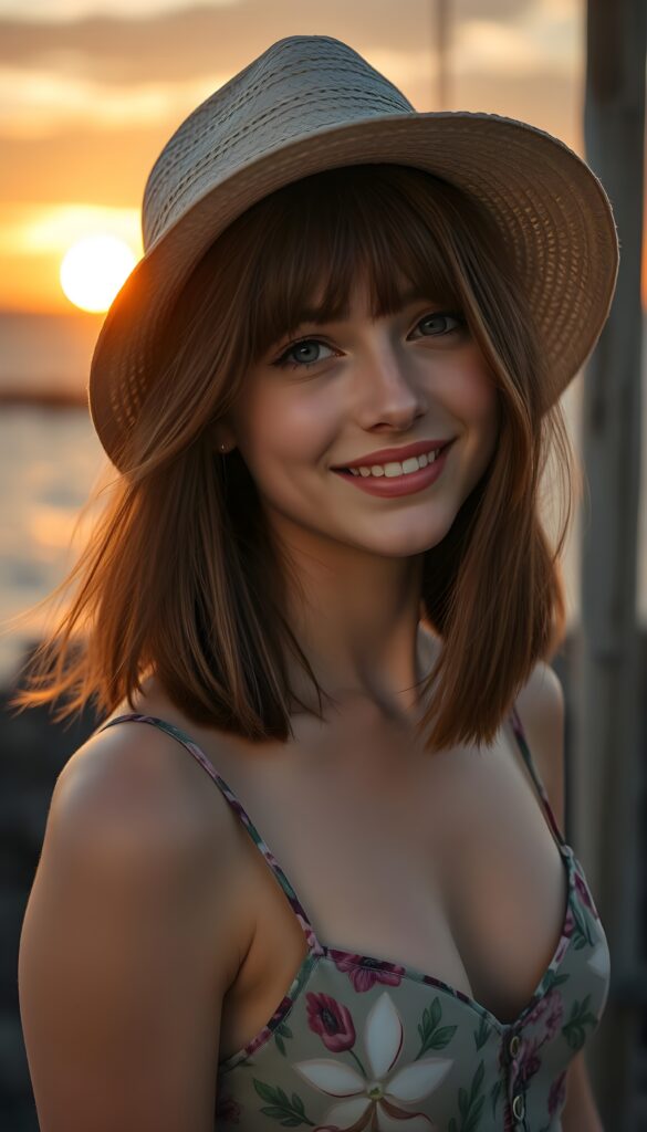 a beautiful gorgeous young teen girl, she has auburn soft straight hair in the same length, bob cut, and wears a straw hat, the sea can be seen in the background and a beautiful sunset, she smiles, ((detailed, realistic portrait)), floral spaghetti cropped tank top. Slightly view from the side.