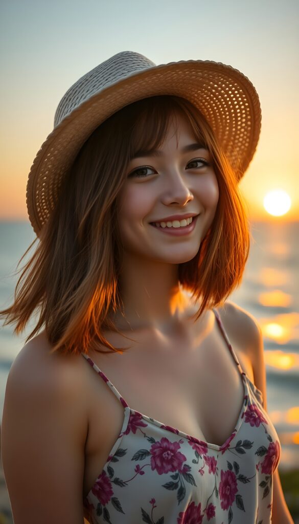 a beautiful gorgeous young teen girl, she has auburn soft straight hair in the same length, bob cut, and wears a straw hat, the sea can be seen in the background and a beautiful sunset, she smiles, ((detailed, realistic portrait)), floral spaghetti cropped tank top. Slightly view from the side.