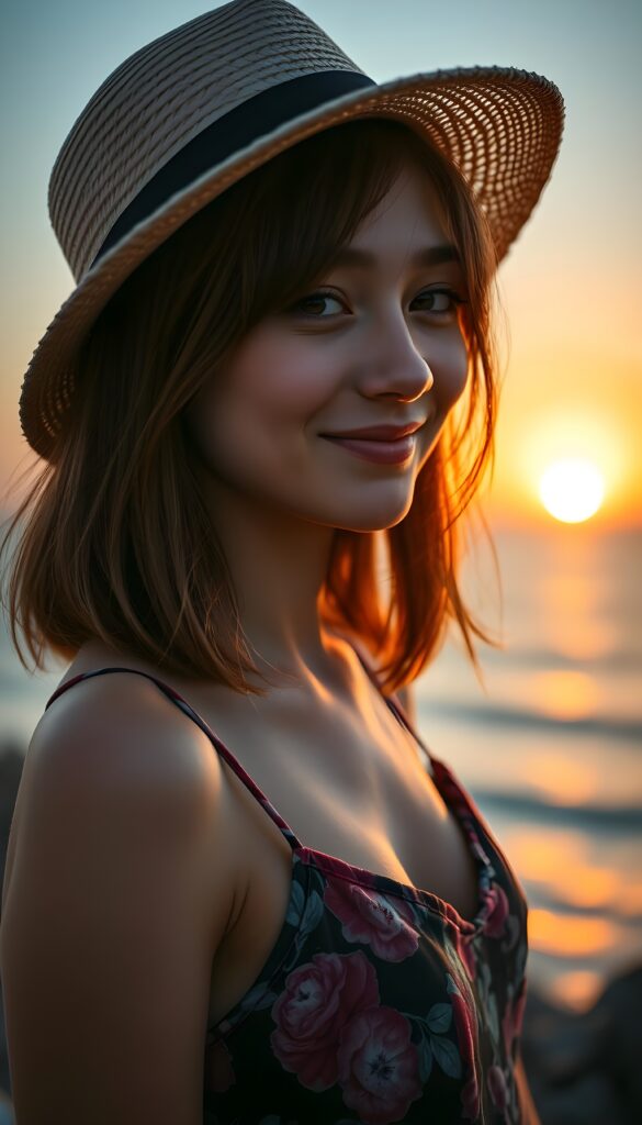 a beautiful gorgeous young teen girl, she has auburn soft straight hair in the same length, bob cut, and wears a straw hat, the sea can be seen in the background and a beautiful sunset, she smiles, ((detailed, realistic portrait)), floral spaghetti cropped tank top. Slightly view from the side.