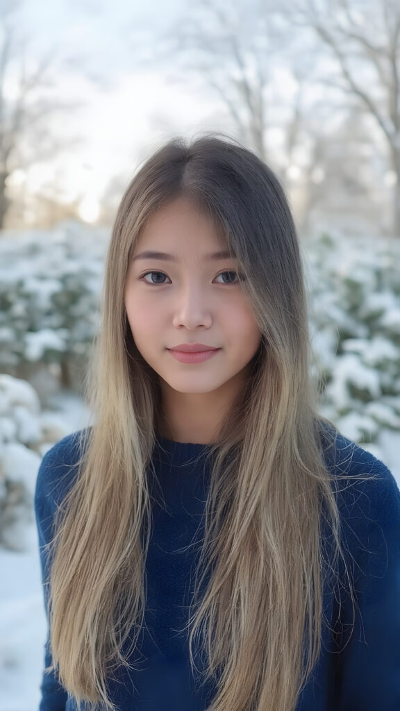 a beautiful innocent looking breathtaking Asian teen girl, full body view, (full lips, pink cheeks, surrealist natural makeup), long glossy blonde soft straight jet long hair, in royal blue sweater made of fine wool, (full body view), in the background of the beautiful clear day in the snowy winter in a garden.