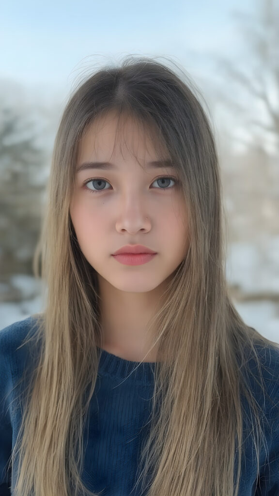 a beautiful innocent looking breathtaking Asian teen girl, full body view, (full lips, pink cheeks, surrealist natural makeup), long glossy blonde soft straight jet long hair, in royal blue sweater made of fine wool, (full body view), in the background of the beautiful clear day in the snowy winter in a garden.