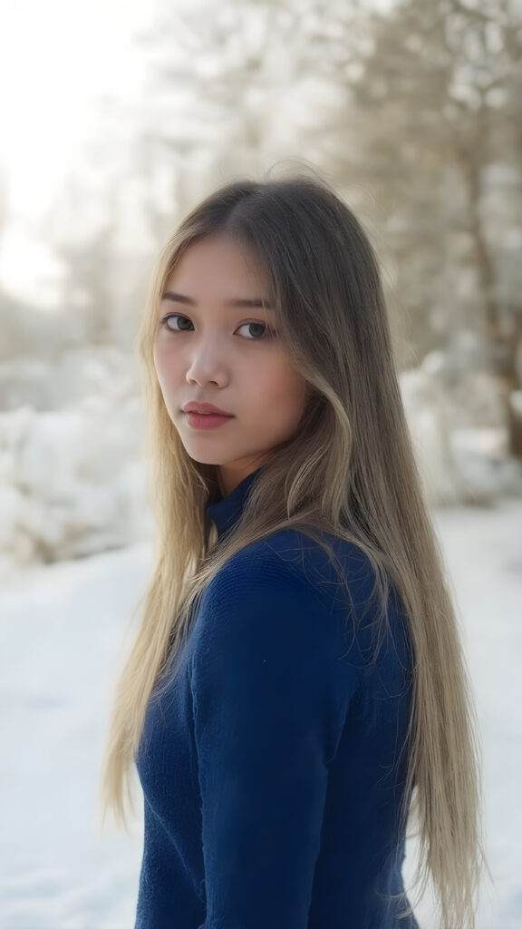 a beautiful innocent looking breathtaking Asian teen girl, full body view, (full lips, pink cheeks, surrealist natural makeup), long glossy blonde soft straight jet long hair, in royal blue sweater made of fine wool, (full body view), in the background of the beautiful clear day in the snowy winter in a garden.
