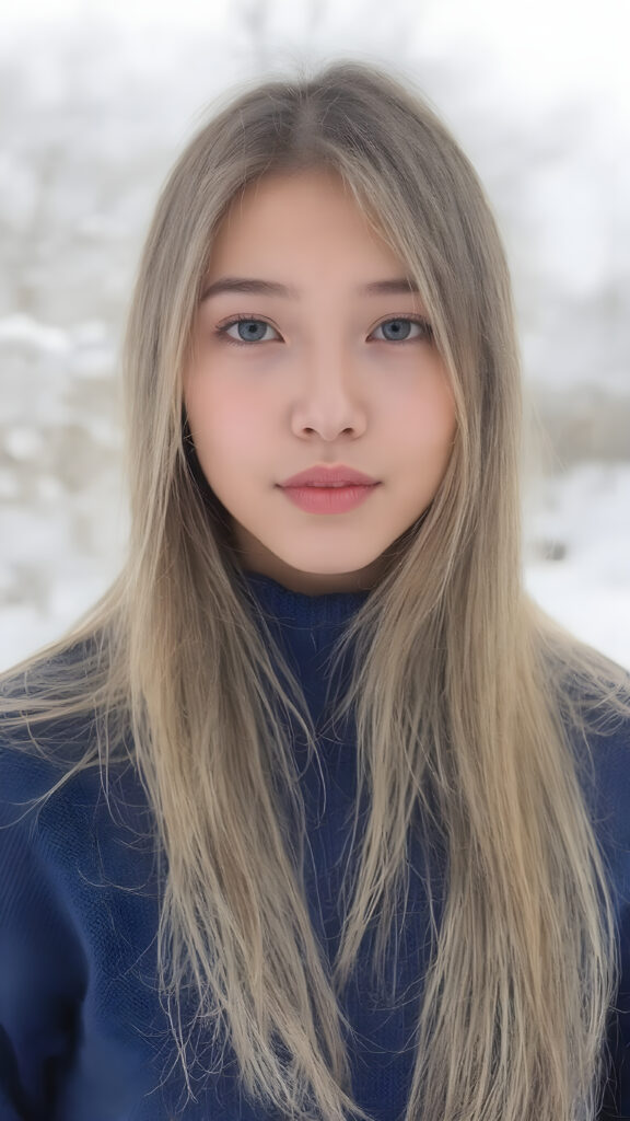 a beautiful innocent looking breathtaking Asian teen girl, full body view, (full lips, pink cheeks, surrealist natural makeup), long glossy blonde soft straight jet long hair, in royal blue sweater made of fine wool, (full body view), in the background of the beautiful clear day in the snowy winter in a garden.