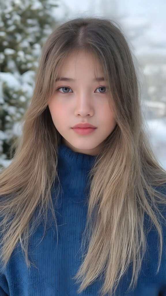 a beautiful innocent looking breathtaking Asian teen girl, full body view, (full lips, pink cheeks, surrealist natural makeup), long glossy blonde soft straight jet long hair, in royal blue sweater made of fine wool, (full body view), in the background of the beautiful clear day in the snowy winter in a garden.