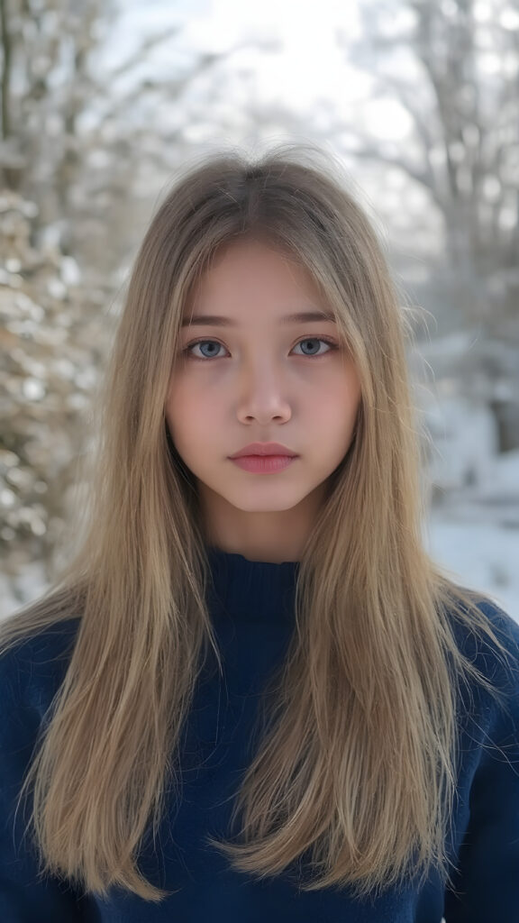 a beautiful innocent looking breathtaking Asian teen girl, full body view, (full lips, pink cheeks, surrealist natural makeup), long glossy blonde soft straight jet long hair, in royal blue sweater made of fine wool, (full body view), in the background of the beautiful clear day in the snowy winter in a garden.