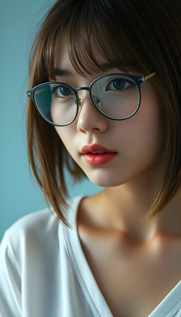 a beautiful masterpiece photo from the face, from a beautiful young pretty Japanese nerd girl, with brown shiny long straight soft hair in a perfect bob cut in the same length left and right, bangs, and round brown eyes, wearing glasses, (a white short plain t-shirt with deep v-neck), beautiful detailed full kissable plump lips, pretty face, light blue plain backdrop.