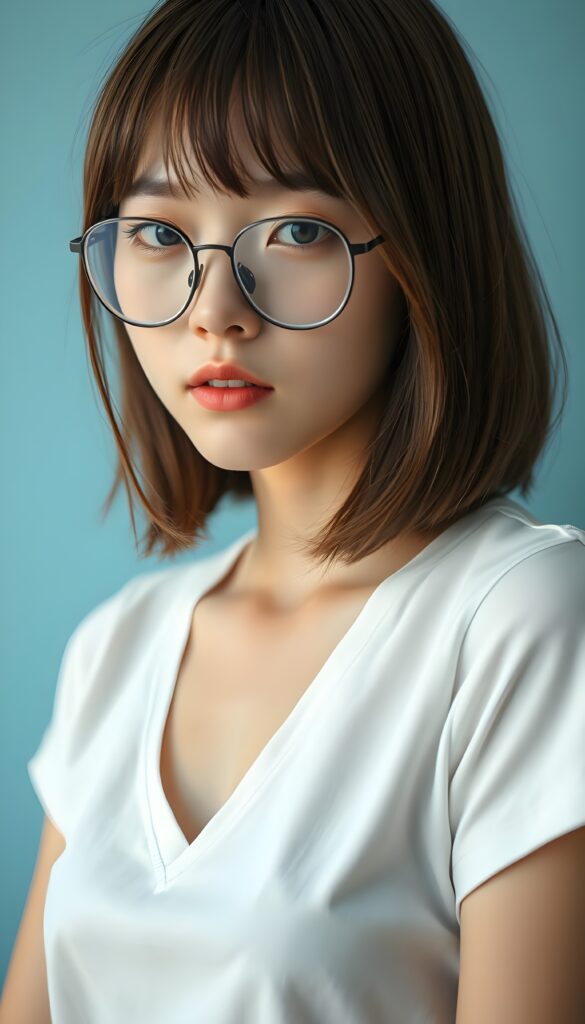 a beautiful masterpiece photo from the face, from a beautiful young pretty Japanese nerd girl, with brown shiny long straight soft hair in a perfect bob cut in the same length left and right, bangs, and round brown eyes, wearing glasses, (a white short plain t-shirt with deep v-neck), beautiful detailed full kissable plump lips, pretty face, light blue plain backdrop.