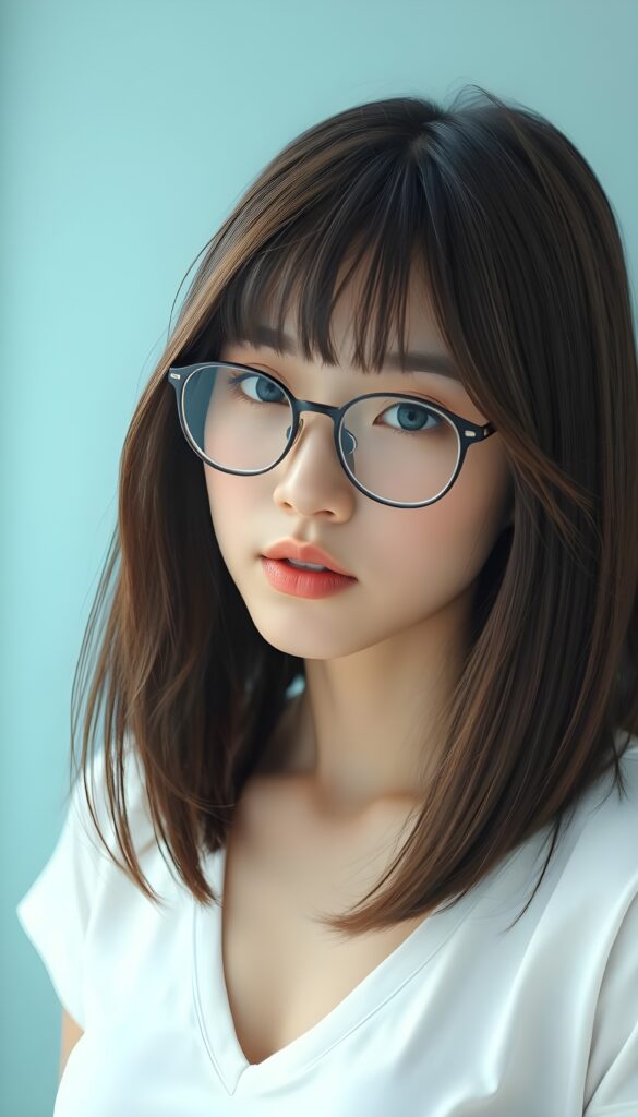 a beautiful masterpiece photo from the face, from a beautiful young pretty Japanese nerd girl, with brown shiny long straight soft hair in a perfect bob cut in the same length left and right, bangs, and round brown eyes, wearing glasses, (a white short plain t-shirt with deep v-neck), beautiful detailed full kissable plump lips, pretty face, light blue plain backdrop.