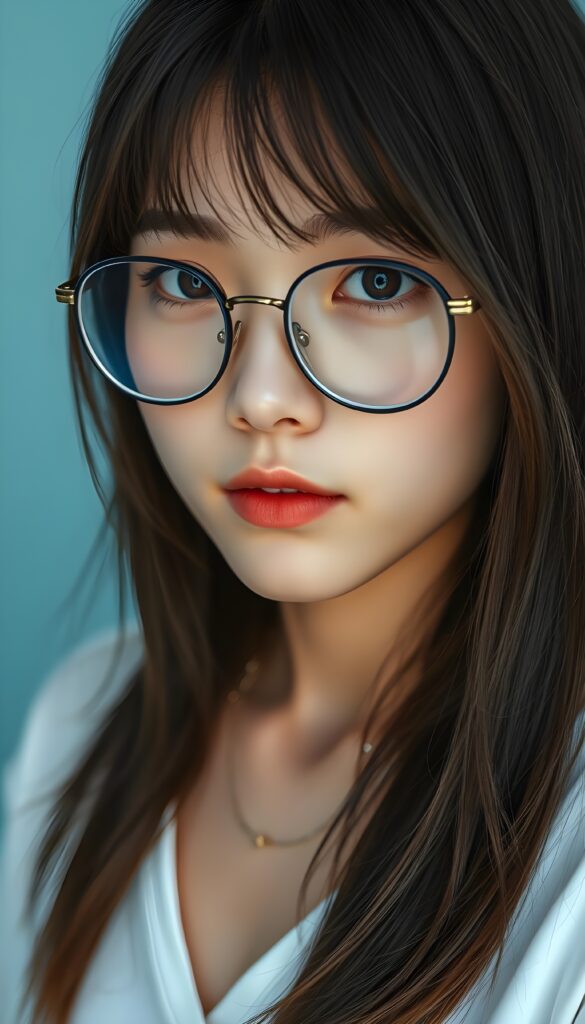 a beautiful masterpiece photo from the face, from a beautiful young pretty Japanese nerd girl, with brown shiny long straight soft hair in a perfect bob cut in the same length left and right, bangs, and round brown eyes, wearing glasses, (a white short plain t-shirt with deep v-neck), beautiful detailed full kissable plump lips, pretty face, light blue plain backdrop.