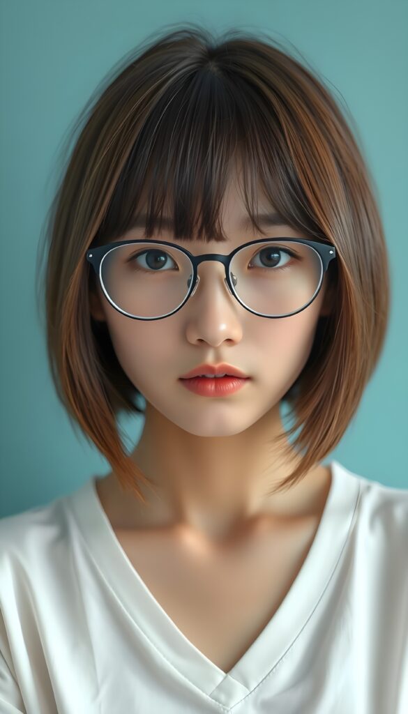 a beautiful masterpiece photo from the face, from a beautiful young pretty Japanese nerd girl, with brown shiny long straight soft hair in a perfect bob cut in the same length left and right, bangs, and round brown eyes, wearing glasses, (a white short plain t-shirt with deep v-neck), beautiful detailed full kissable plump lips, pretty face, light blue plain backdrop.