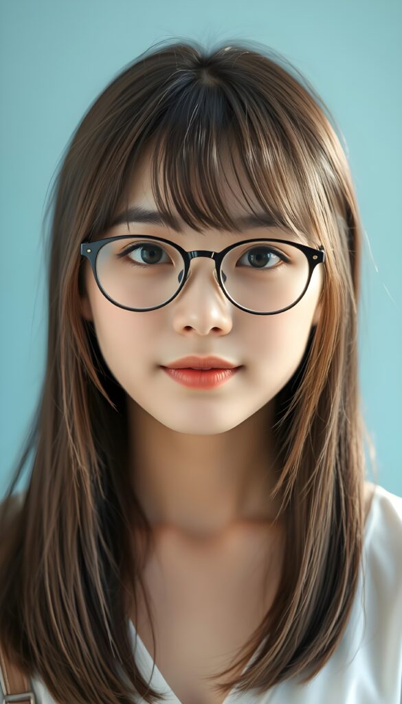 a beautiful masterpiece photo from the face, from a beautiful young pretty Japanese nerd girl, with brown shiny long straight soft hair in a perfect bob cut in the same length left and right, bangs, and round brown eyes, wearing glasses, (a white short plain t-shirt with deep v-neck), beautiful detailed full kissable plump lips, pretty face, light blue plain backdrop.
