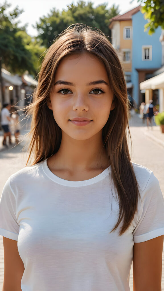 a beautiful perfect curved tanned young model teen girl, with shiny straight brown straight hair, wearing a white thin t-shirt