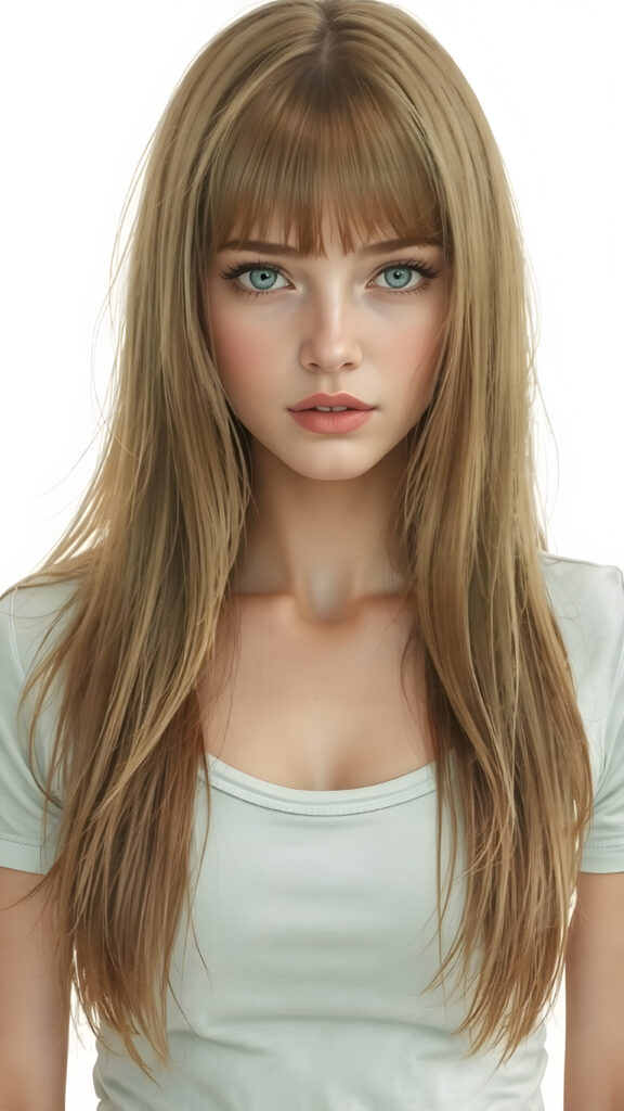 a beautiful photo of a girl with straight, green-brown hair that falls elegantly and gently over her entire upper body, bangs cut, she wears a short and tight t-shirt which emphasizes her perfectly shaped female body and shows off her perfect belly button. The photo is bathed in soft light. She looks seductively at the viewer, light green and brown backdrop