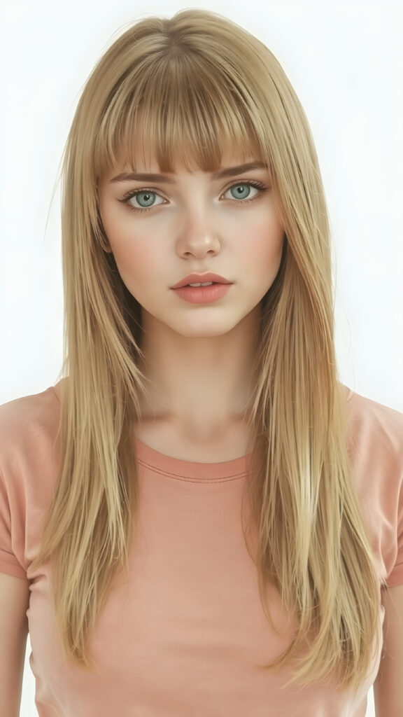 a beautiful photo of a girl with straight, green-brown hair that falls elegantly and gently over her entire upper body, bangs cut, she wears a short and tight t-shirt which emphasizes her perfectly shaped female body and shows off her perfect belly button. The photo is bathed in soft light. She looks seductively at the viewer, light green and brown backdrop