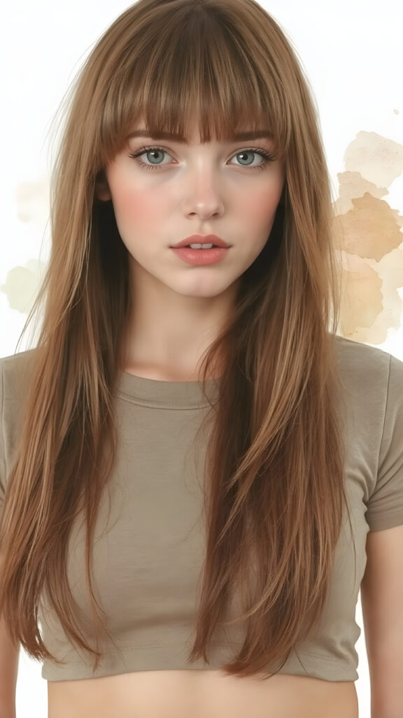 a beautiful photo of a girl with straight, green-brown hair that falls elegantly and gently over her entire upper body, bangs cut, she wears a short and tight t-shirt which emphasizes her perfectly shaped female body and shows off her perfect belly button. The photo is bathed in soft light. She looks seductively at the viewer, light green and brown backdrop