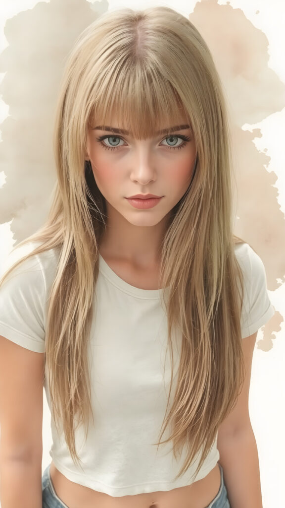 a beautiful photo of a girl with straight, green-brown hair that falls elegantly and gently over her entire upper body, bangs cut, she wears a short and tight t-shirt which emphasizes her perfectly shaped female body and shows off her perfect belly button. The photo is bathed in soft light. She looks seductively at the viewer, light green and brown backdrop