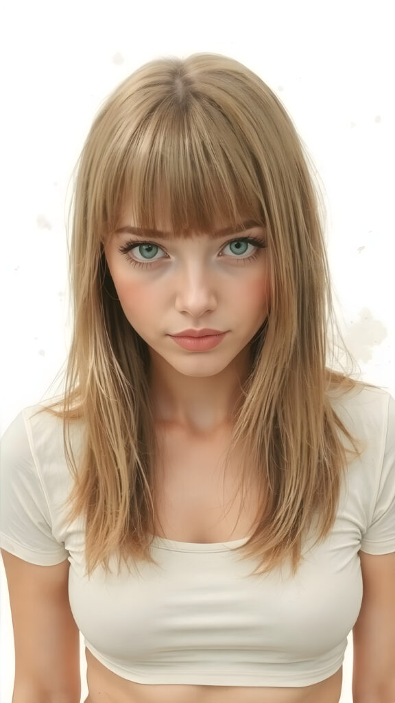 a beautiful photo of a girl with straight, green-brown hair that falls elegantly and gently over her entire upper body, bangs cut, she wears a short and tight t-shirt which emphasizes her perfectly shaped female body and shows off her perfect belly button. The photo is bathed in soft light. She looks seductively at the viewer, light green and brown backdrop