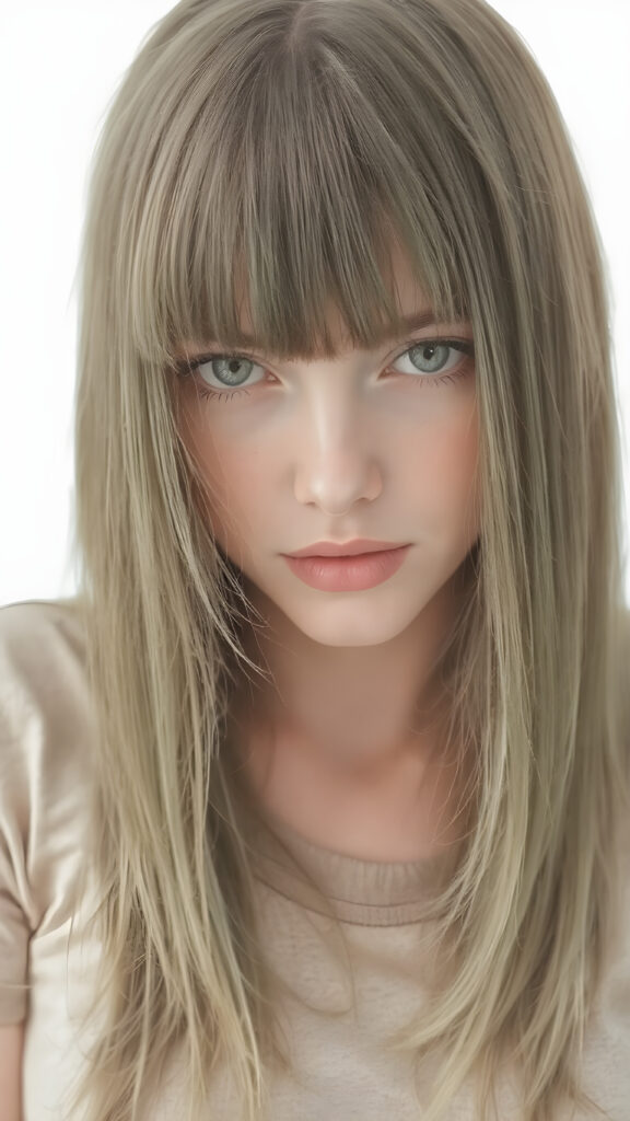 a beautiful photo of a girl with straight, green-brown hair that falls elegantly and gently over her entire upper body, bangs cut, she wears a short and tight t-shirt which emphasizes her perfectly shaped female body and shows off her perfect belly button. The photo is bathed in soft light. She looks seductively at the viewer, light green and brown backdrop