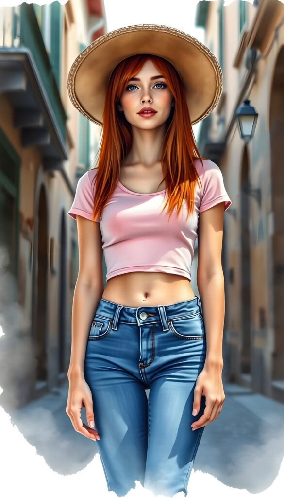 a beautiful picture painted in bright colors shows an innocent ((red-haired young well busty girl)), straight hair, wears a light pink thin cropped form-fitting t-shirt and blue denim jeans pants. Full body view. she wears a typical sombrero. She is standing in an old, ancient street.