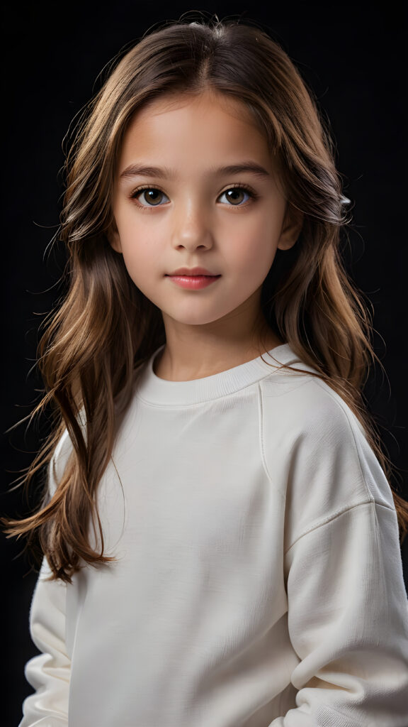 a beautiful picture of a little girl, 9 years old. She has long, straight brown hair and wears a white sweatshirt, amber shiny eyes, ((black background)), faint light illuminates the picture. She has flawless skin and full lips and looks dreamily at the viewer. Side view. Upper body portrait. ((realistic detailed photo)) ((stunning)) ((gorgeous))